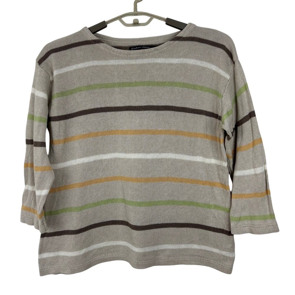 Gudrun Sjoden Striped Linen Cotton Sweater Large Beige Green Brown Orange
